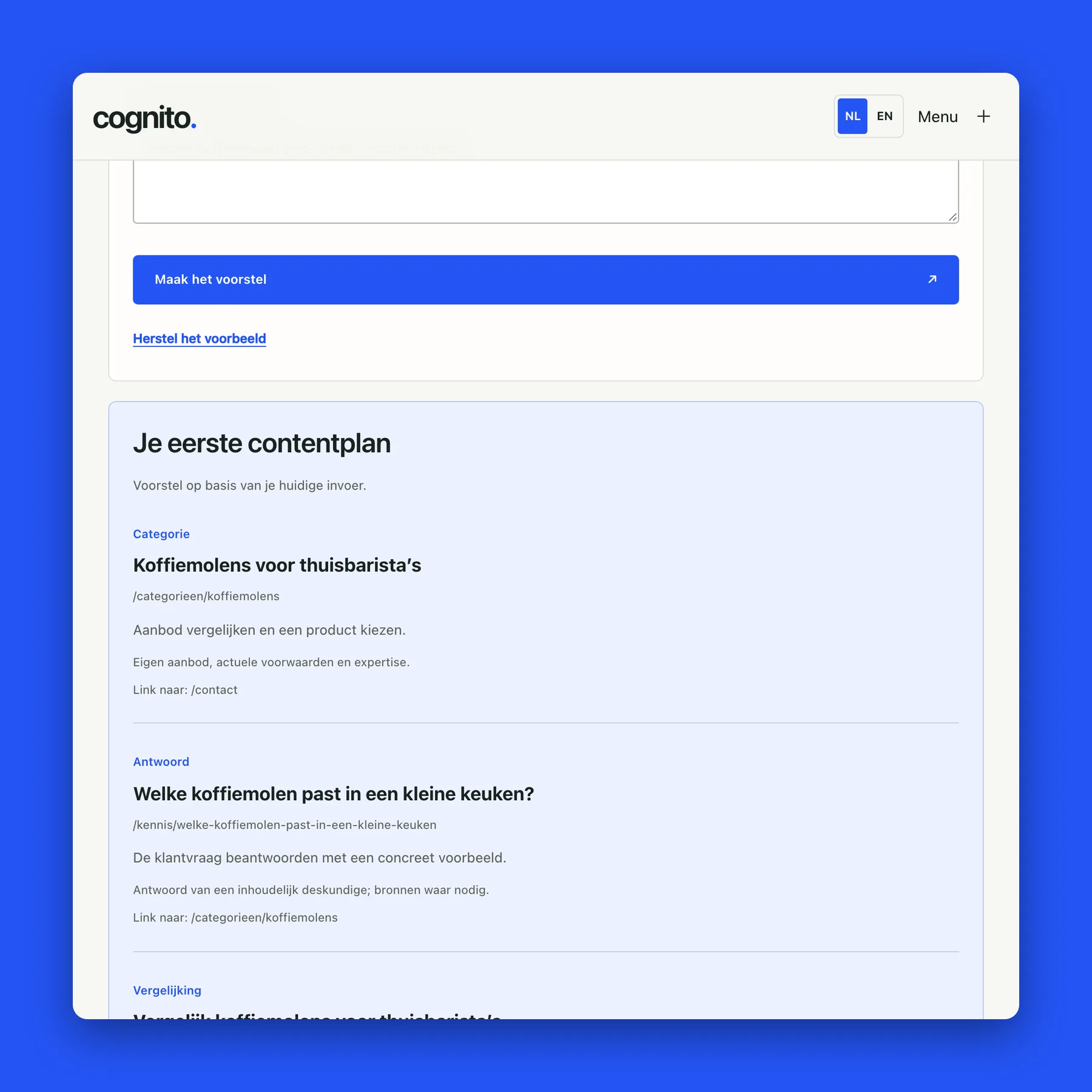 The content planner on cognitosearch.com (example data)