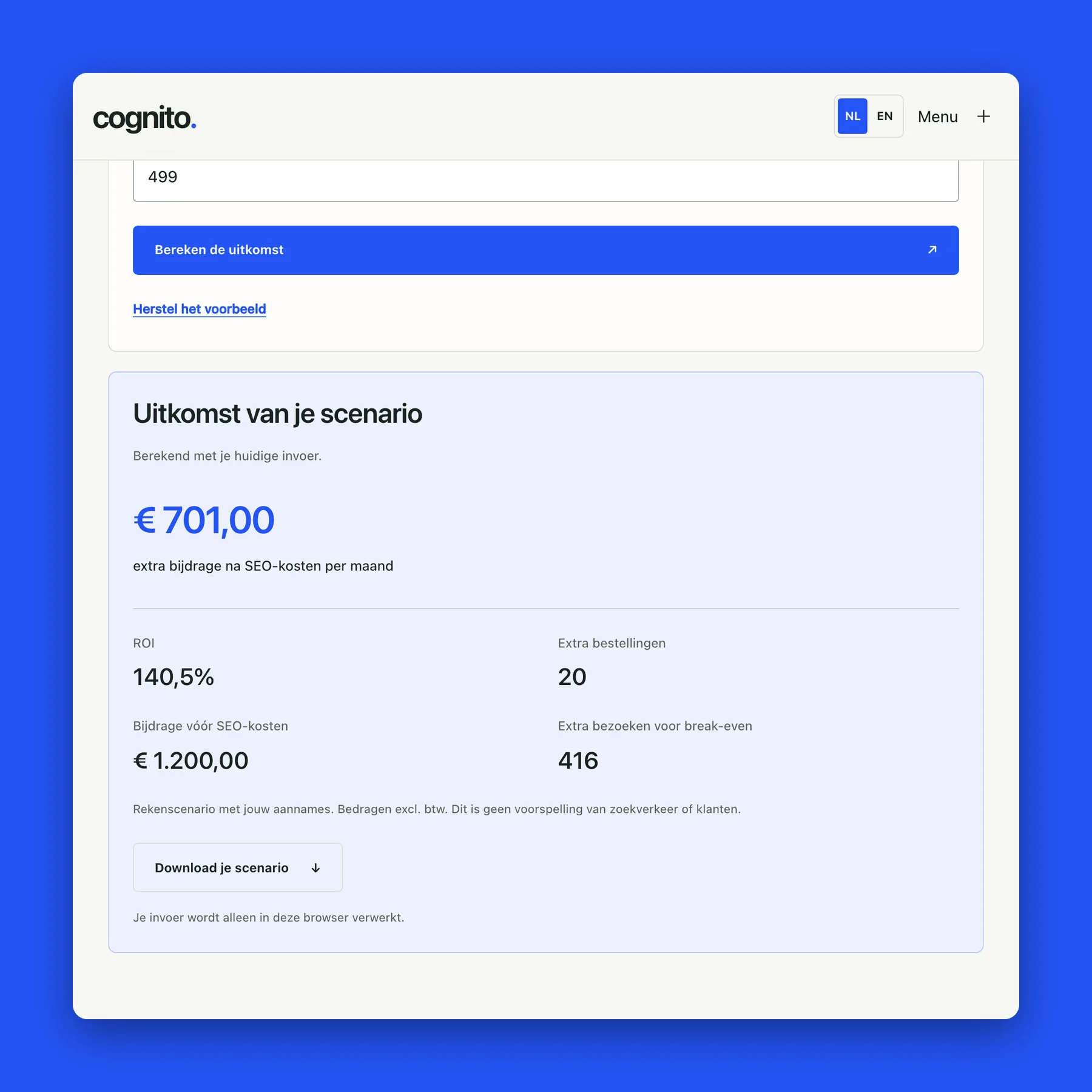 The SEO ROI calculator on cognitosearch.com (example data)