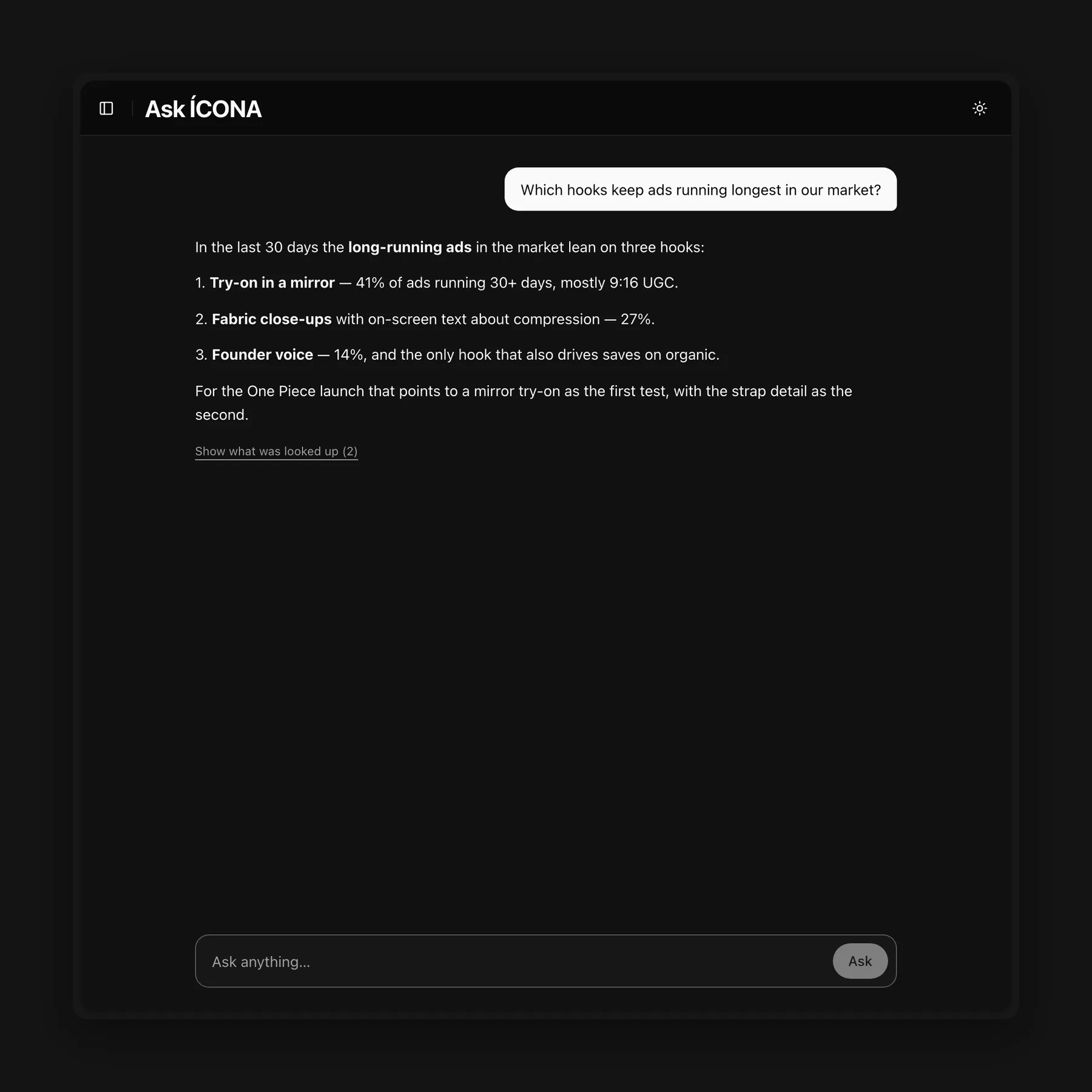 Ask ÍCONA (example data)