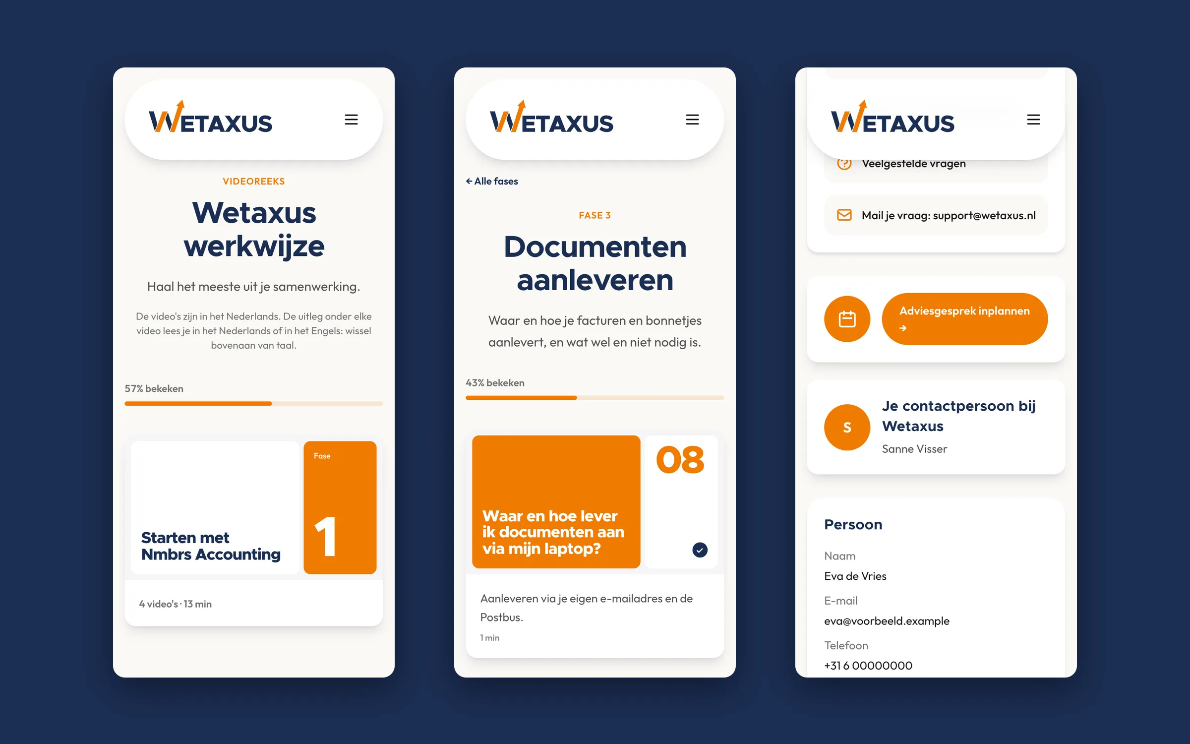 The client portal: how-to videos, progress and the contact person (example data)